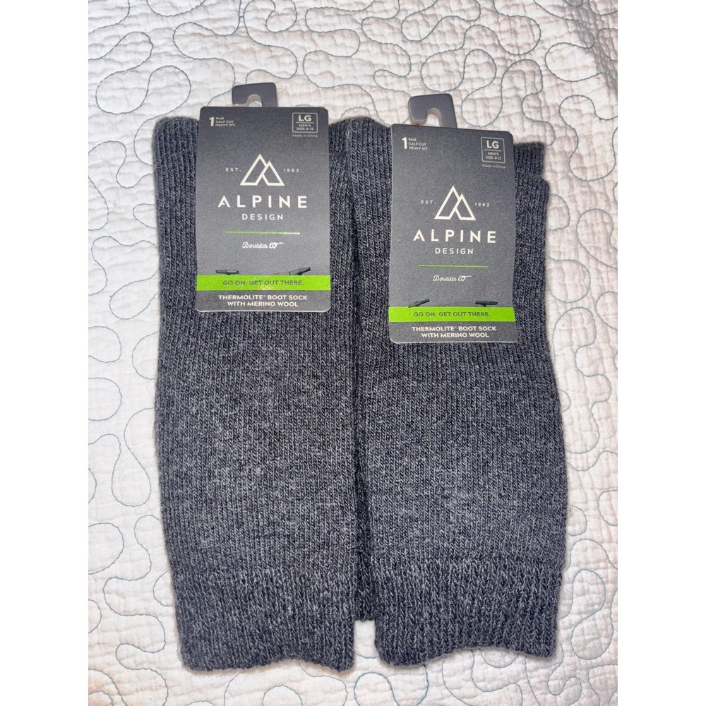 Alpine Design Mens 2 Pack Thermolite Merino Wool Blend Boot Socks Gray L 8-12